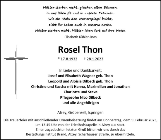 Traueranzeige von Rosel Thon von Allgemeine Zeitung Alzey
