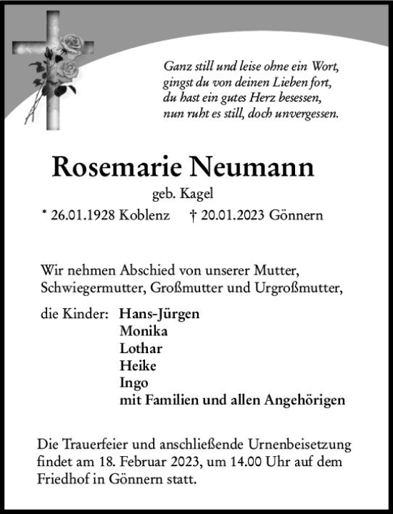 Traueranzeige von Rosemarie Neumann von Hinterländer Anzeiger