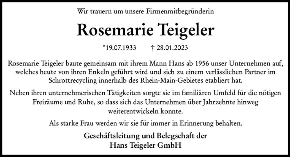  Traueranzeige für Rosemarie Teigeler vom 04.02.2023 aus Wiesbadener Kurier gesamt