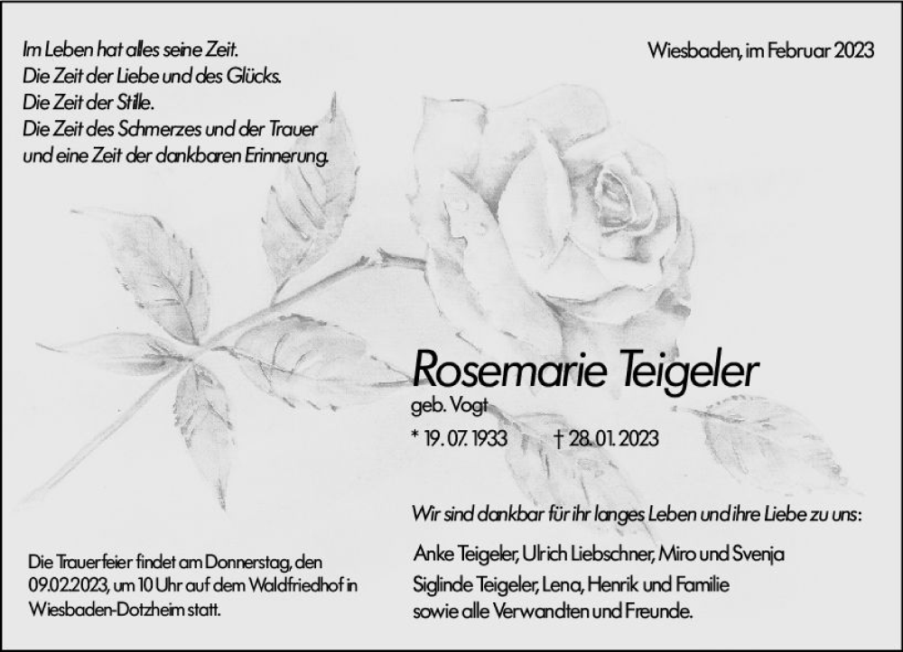 Traueranzeige für Rosemarie Teigeler vom 04.02.2023 aus Wiesbadener Kurier gesamt