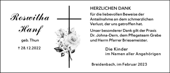 Traueranzeige von Roswitha Hanf von Hinterländer Anzeiger