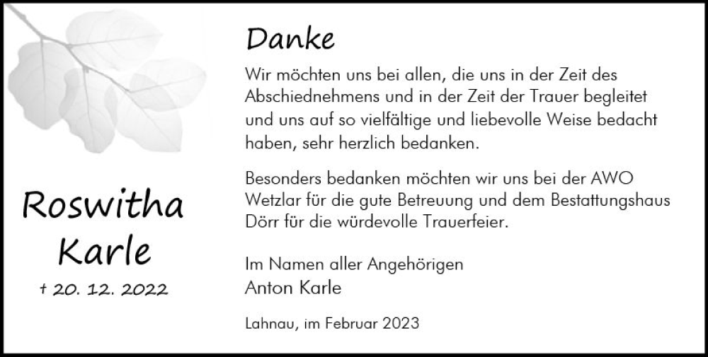  Traueranzeige für Roswitha Karle vom 11.02.2023 aus Wetzlarer Neue Zeitung