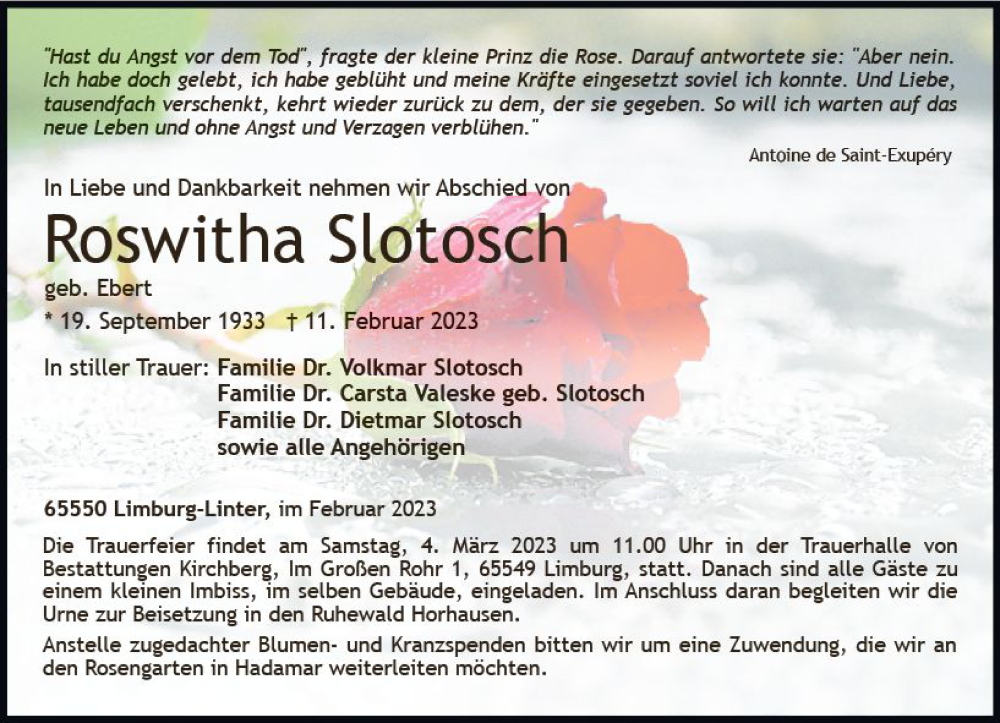  Traueranzeige für Roswitha Slotsch vom 25.02.2023 aus Nassauische Neue Presse