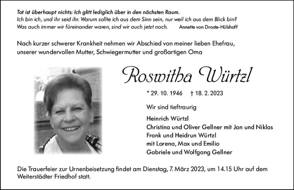  Traueranzeige für Roswitha Würtzl vom 25.02.2023 aus Darmstädter Echo