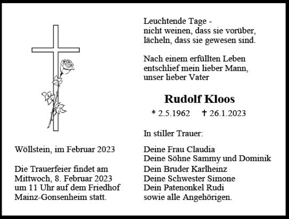  Traueranzeige für Rudolf Kloos vom 04.02.2023 aus Allgemeine Zeitung Alzey