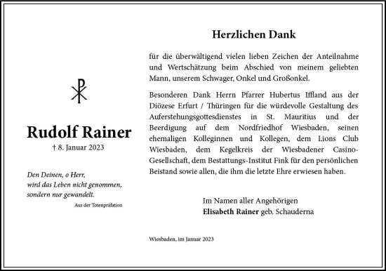 Traueranzeige von Rudolf Rainer von Wiesbadener Kurier gesamt