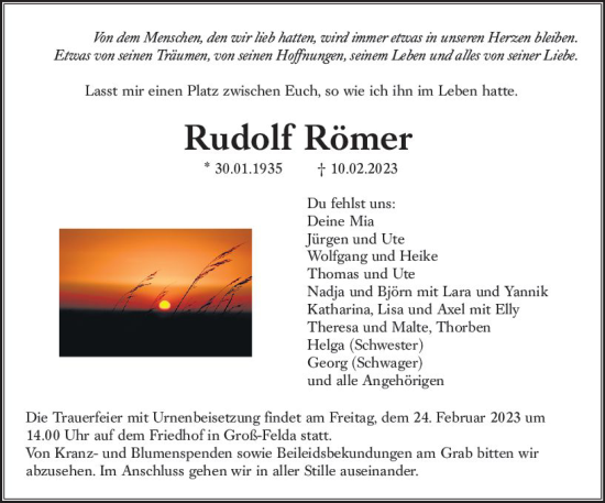 Traueranzeige von Rudolf Römer von VRM Trauer