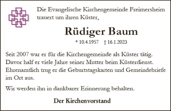Traueranzeige von Rüdiger Baum von Allgemeine Zeitung Alzey