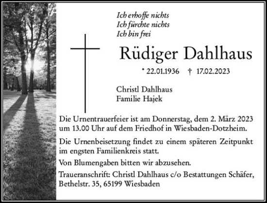 Traueranzeige von Rüdiger Dahlhaus von Wiesbadener Kurier