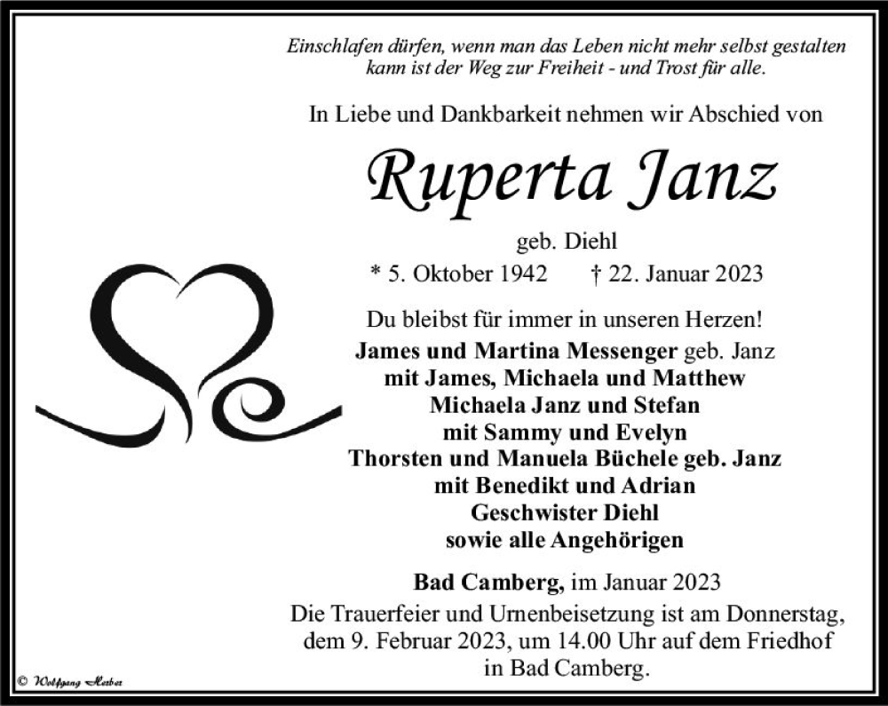  Traueranzeige für Ruperta Janz vom 02.02.2023 aus Camberger Anzeiger