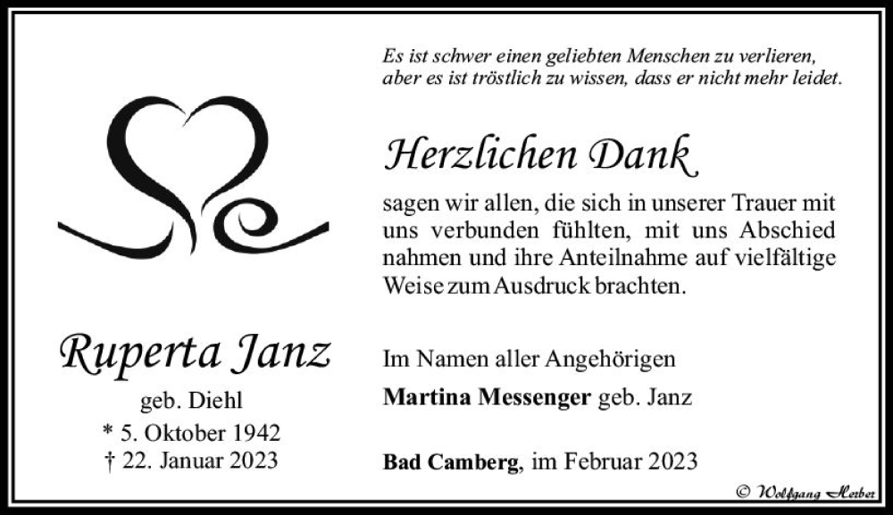  Traueranzeige für Ruperta Janz vom 23.02.2023 aus Camberger Anzeiger