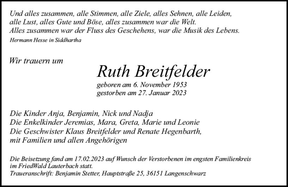  Traueranzeige für Ruth Breitfelder vom 18.02.2023 aus VRM Trauer