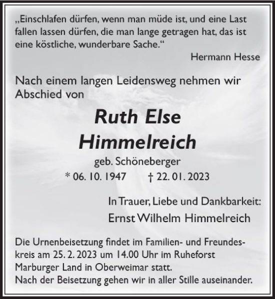 Traueranzeige von Ruth Else Himmelreich von Hinterländer Anzeiger