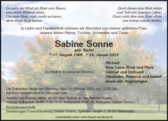 Traueranzeige von Sabine Sonne von Allgemeine Zeitung Mainz