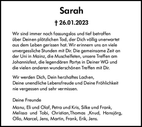 Traueranzeige von Sarah Steinhoff von Allgemeine Zeitung Mainz