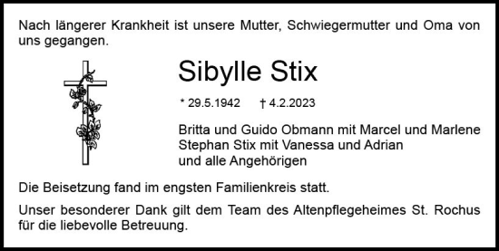 Traueranzeige von Sibylle Stix von Dieburger Anzeiger/Groß-Zimmerner Lokal-Anzeiger