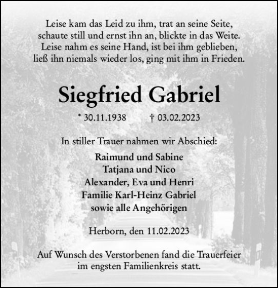 Traueranzeige von Siegfried Gabriel von Dill Block