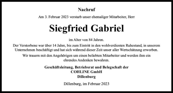 Traueranzeige von Siegfried Gabriel von Dill Block