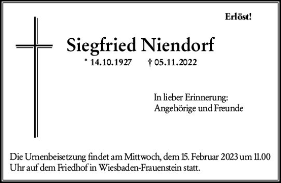 Traueranzeige von Siegfried Niendorf von Wiesbadener Kurier gesamt