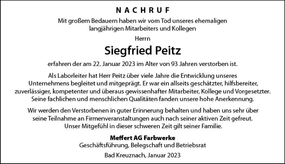  Traueranzeige für Siegfried Peitz vom 11.02.2023 aus Allgemeine Zeitung Bad Kreuznach