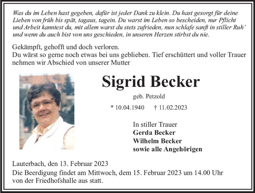  Traueranzeige für Sigrid Becker vom 13.02.2023 aus VRM Trauer