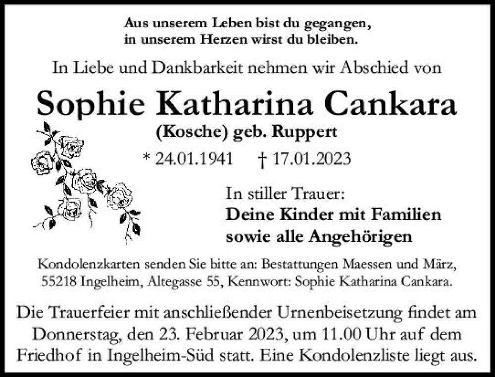  Traueranzeige für Sophie Katharina Cankara vom 18.02.2023 aus Allgemeine Zeitung Bingen/Ingelheim