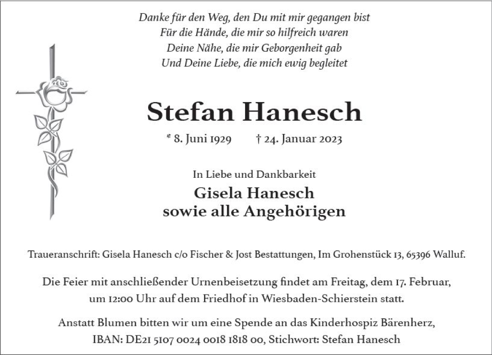  Traueranzeige für Stefan Hanesch vom 11.02.2023 aus Wiesbadener Kurier gesamt