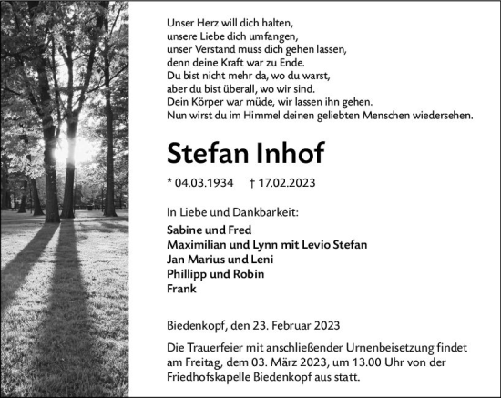 Traueranzeige von Stefan Inhof von Hinterländer Anzeiger