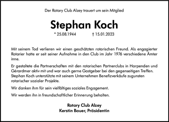 Traueranzeige von Stephan Koch von Allgemeine Zeitung Alzey