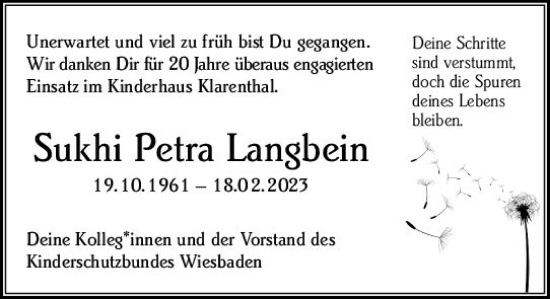 Traueranzeige von Sukhi Petra Langbein von Wiesbadener Kurier