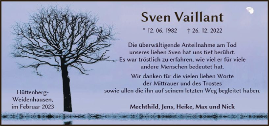 Traueranzeige von Sven  Vaillant von Wetzlarer Neue Zeitung