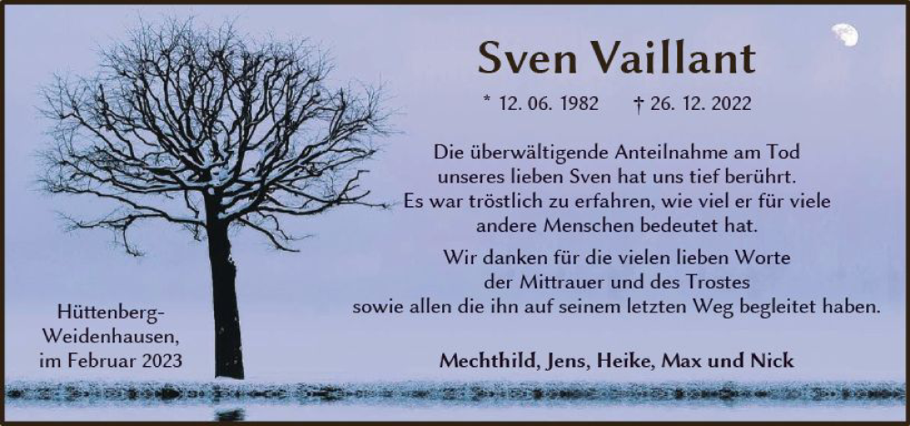  Traueranzeige für Sven  Vaillant vom 25.02.2023 aus Wetzlarer Neue Zeitung