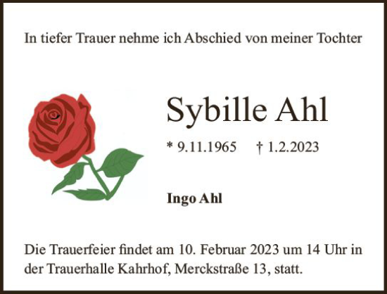 Traueranzeige von Sybille Ahl von Darmstädter Echo