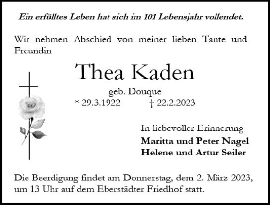 Traueranzeige von Thea Kaden von Darmstädter Echo