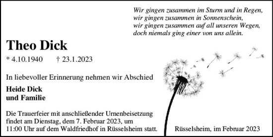 Traueranzeige von Theo Dick von Rüsselsheimer Echo