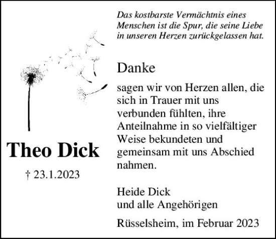 Traueranzeige von Theo Dick von Rüsselsheimer Echo