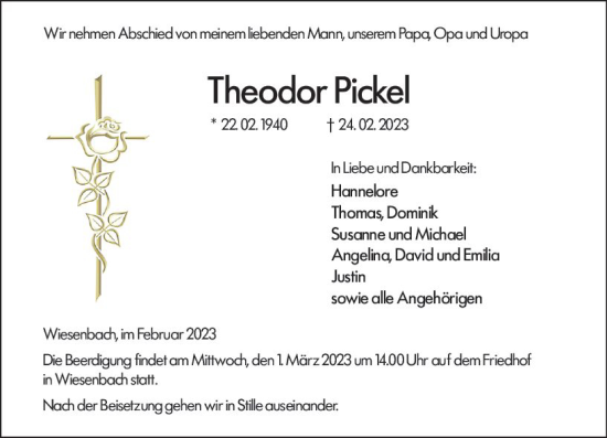 Traueranzeige von Theodor Pickel von Hinterländer Anzeiger
