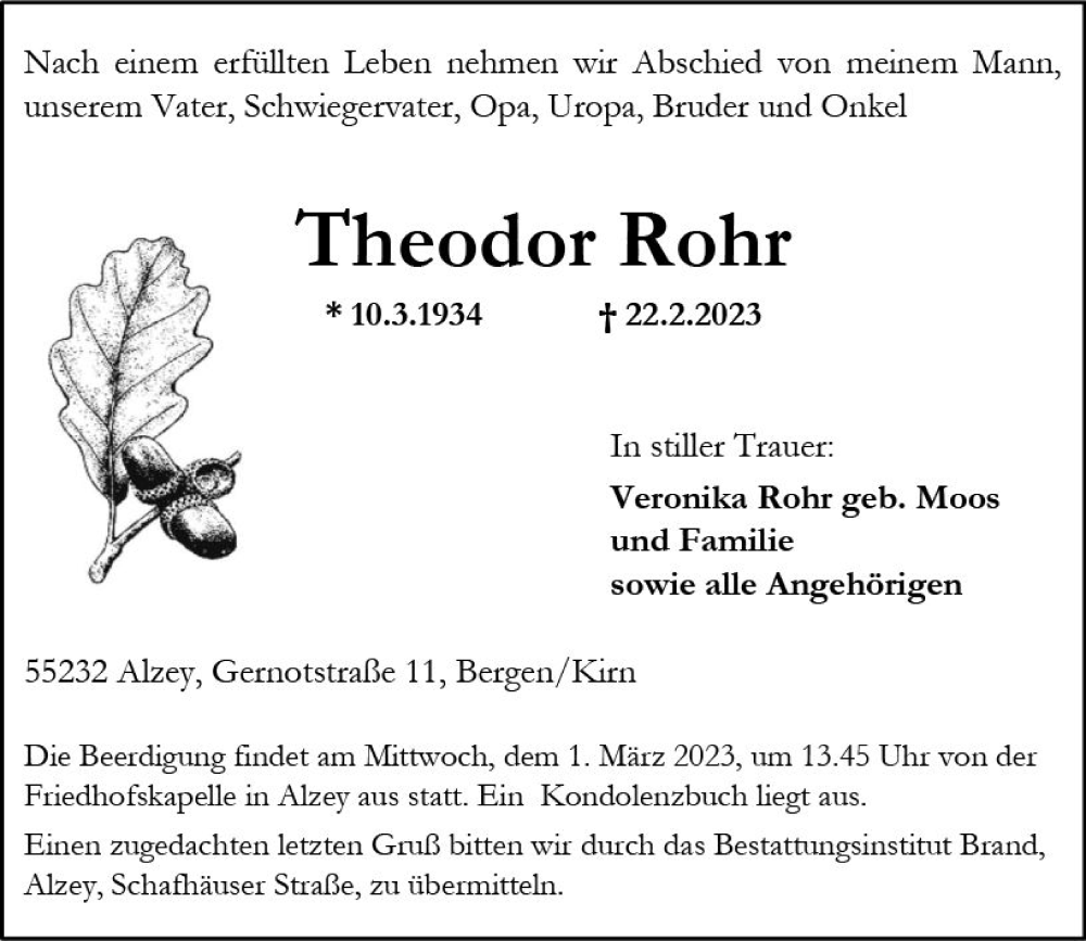  Traueranzeige für Theodor Rohr vom 25.02.2023 aus Allgemeine Zeitung Alzey