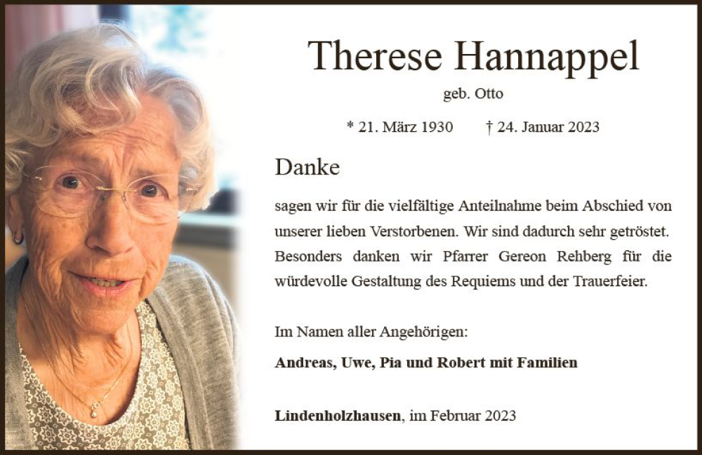  Traueranzeige für Therese Hannappel vom 25.02.2023 aus Nassauische Neue Presse