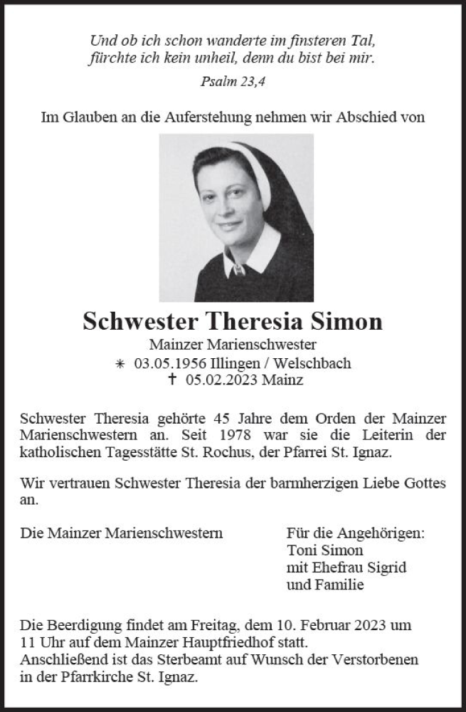  Traueranzeige für Theresia Simon vom 08.02.2023 aus Allgemeine Zeitung Mainz