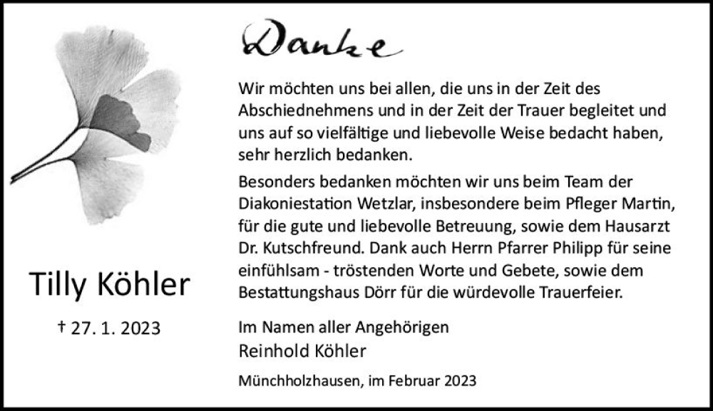  Traueranzeige für Tilly Köhler vom 25.02.2023 aus Wetzlarer Neue Zeitung