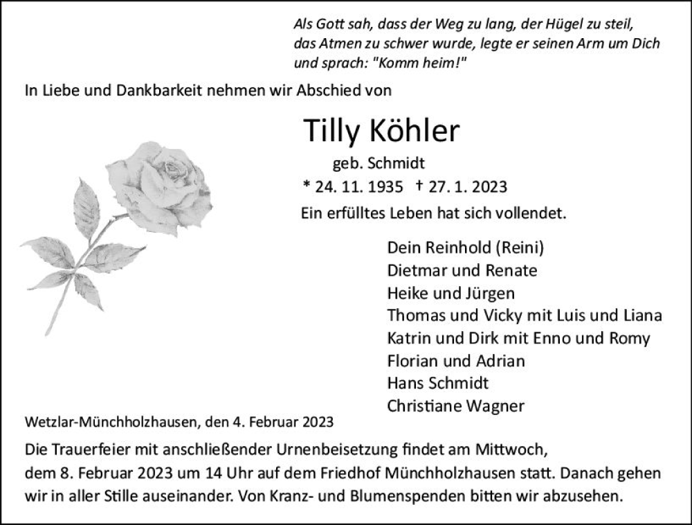  Traueranzeige für Tilly Köhler vom 04.02.2023 aus Wetzlarer Neue Zeitung