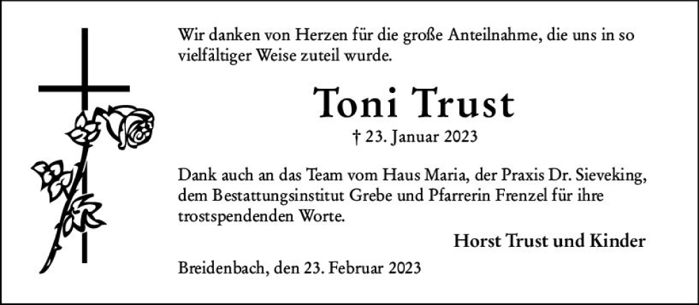  Traueranzeige für Toni Trust vom 23.02.2023 aus Hinterländer Anzeiger
