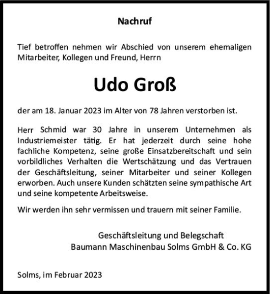 Traueranzeige von Udo Groß von Wetzlarer Neue Zeitung
