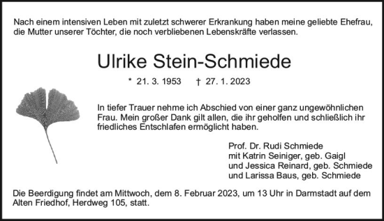Traueranzeige von Ulrike Stein-Schmiede von Darmstädter Echo