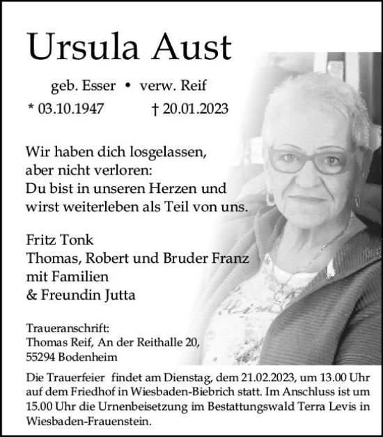 Traueranzeige von Ursula Aust von Wiesbadener Kurier gesamt