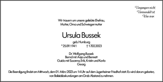 Traueranzeige von Ursula Bussek von Darmstädter Echo