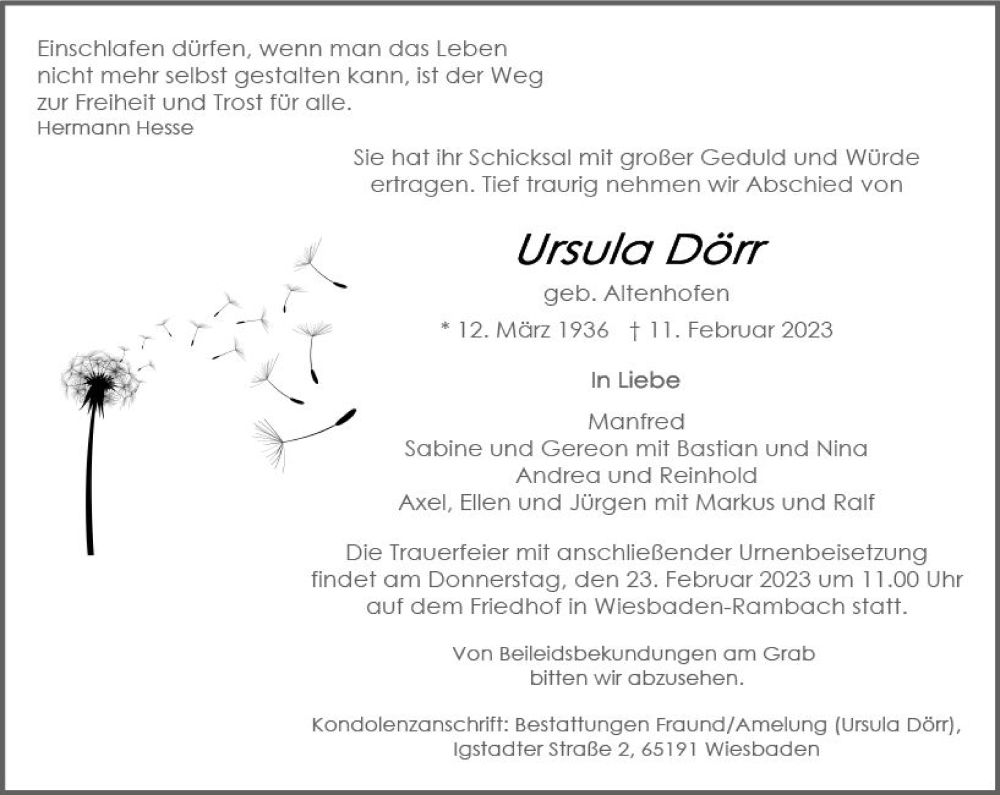  Traueranzeige für Ursula Dörr vom 18.02.2023 aus Wiesbadener Kurier