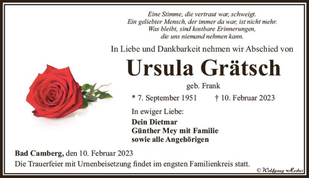  Traueranzeige für Ursula Grätsch vom 23.02.2023 aus Camberger Anzeiger