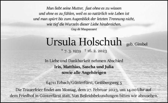 Traueranzeige von Ursula Holschuh von Odenwälder Echo